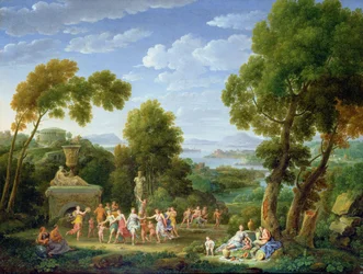 Uma paisagem arborizada italianizada com ninfas dançando, 1728
